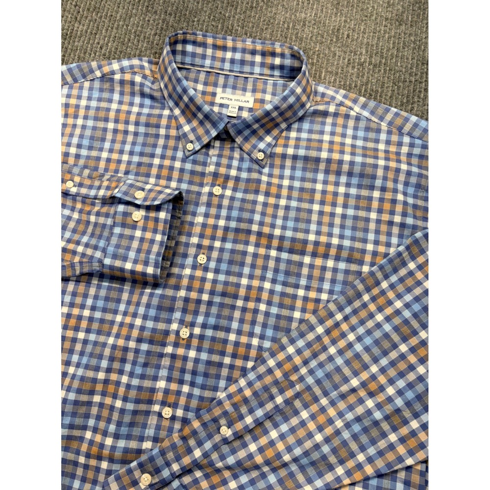 Peter Millar Mens XXL Blue Tan Plaid Cotton Blend Long Sleeve Button Down Shirt